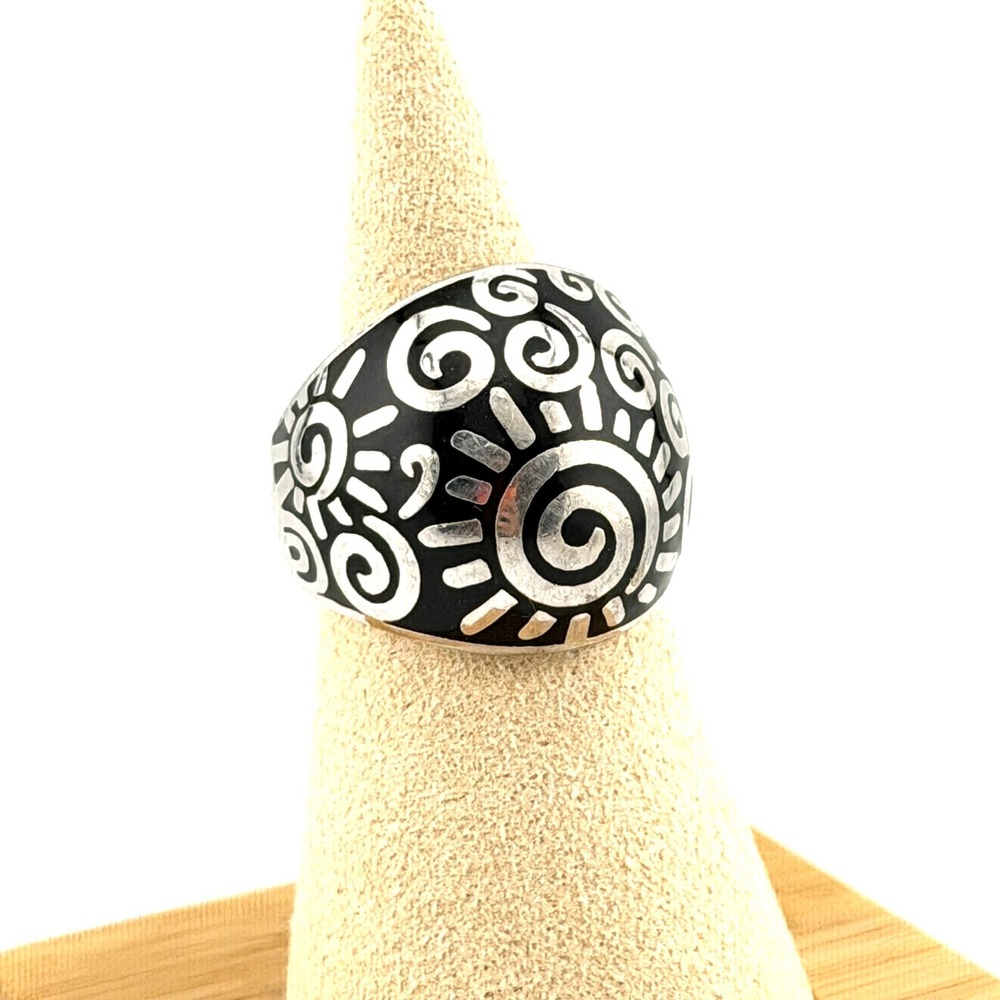 Statement Black Sterling Silver Enamel Sunburst Swirl Dome Ring Vintage Size 7